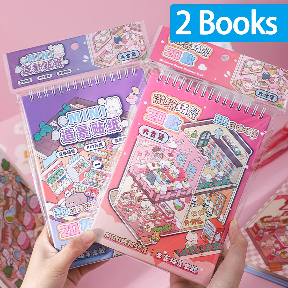 40Sences in 2Books Cartoon Landscape DIY Toy Game Sticker Album Book Festival Birthday Present Gift for Kid Girl Child