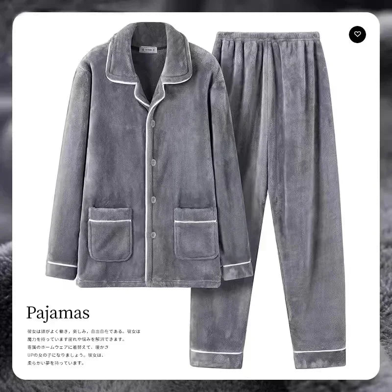 Autumn Winter Men's Thicken Flannel Sleepwear Two Pieces Comfortable Warm Coral Fleece Pajamas Sets Male Winter Lounge Home Suit