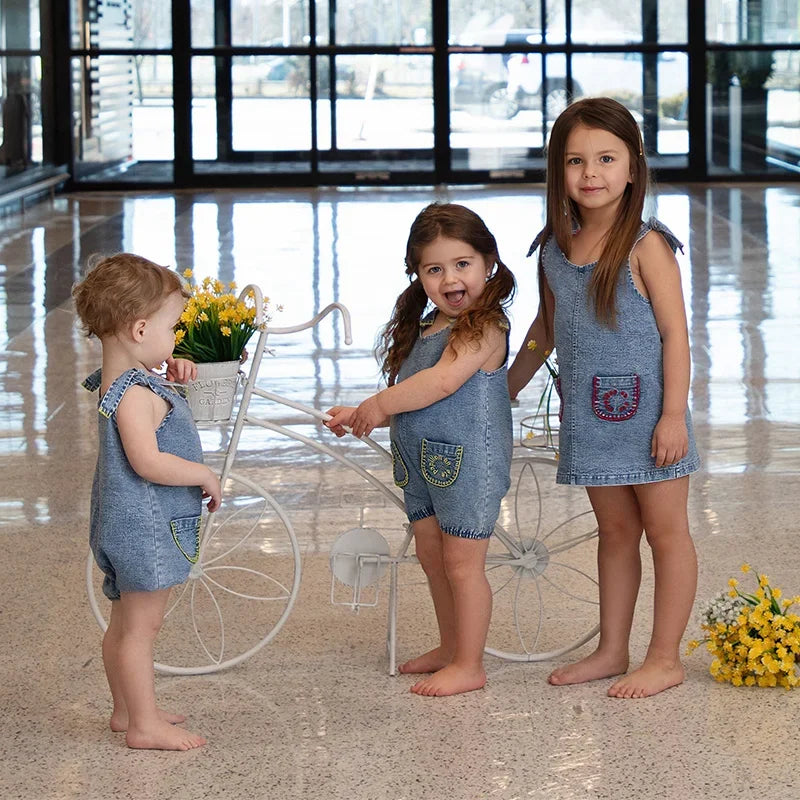 6m-12t 2024 New Summer Spring Denim Famliy Clothing Set Girls Suspender Dress Skirt Baby Sleeveless Romper Overall Boys Shirt