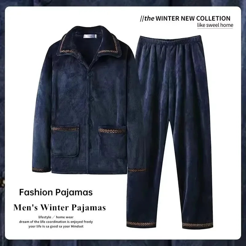 Autumn Winter Men's Thicken Flannel Sleepwear Two Pieces Comfortable Warm Coral Fleece Pajamas Sets Male Winter Lounge Home Suit
