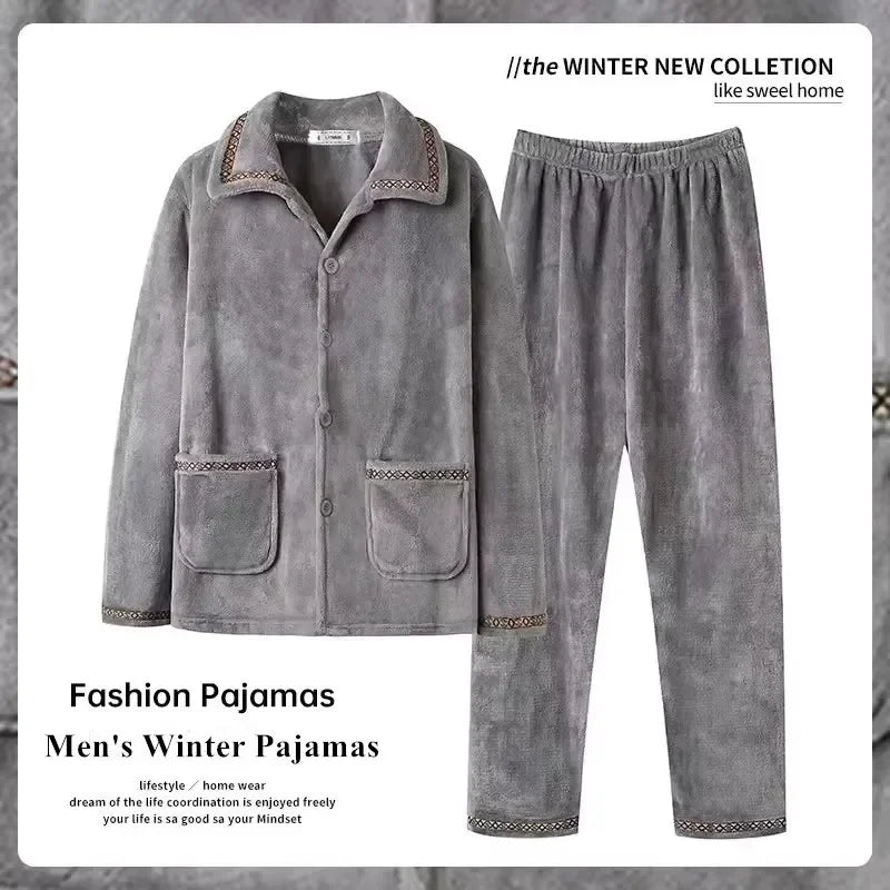Autumn Winter Men's Thicken Flannel Sleepwear Two Pieces Comfortable Warm Coral Fleece Pajamas Sets Male Winter Lounge Home Suit
