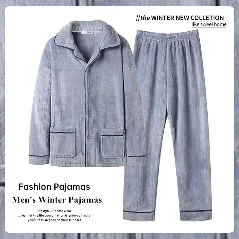 Autumn Winter Men's Thicken Flannel Sleepwear Two Pieces Comfortable Warm Coral Fleece Pajamas Sets Male Winter Lounge Home Suit