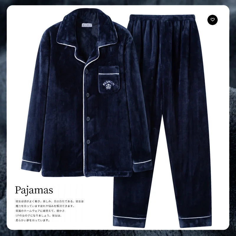 Autumn Winter Men's Thicken Flannel Sleepwear Two Pieces Comfortable Warm Coral Fleece Pajamas Sets Male Winter Lounge Home Suit