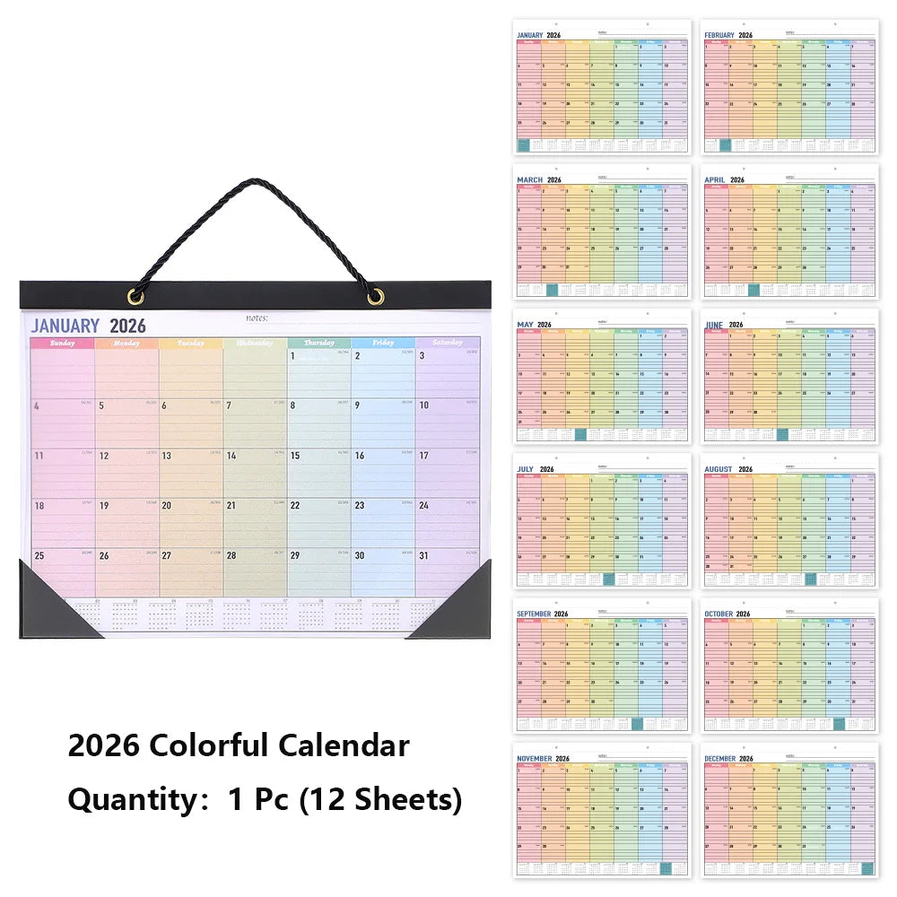 2026 Monthly Wall Calendar Rainbow Design Transparent Cover Large Format Planner (Jan-Dec 2026) For Students Home Organization