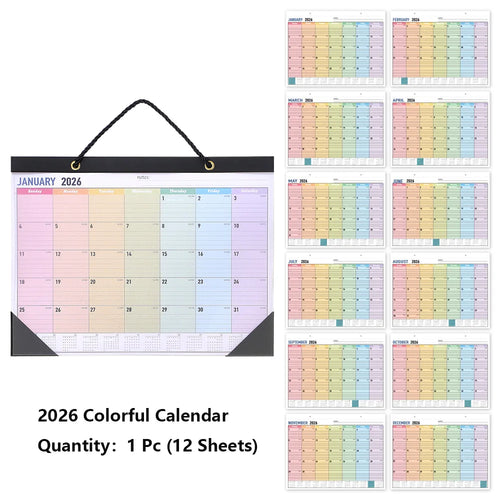 2026 Monthly Wall Calendar Rainbow Design Transparent Cover Large Format Planner (Jan-Dec 2026) For Students Home Organization