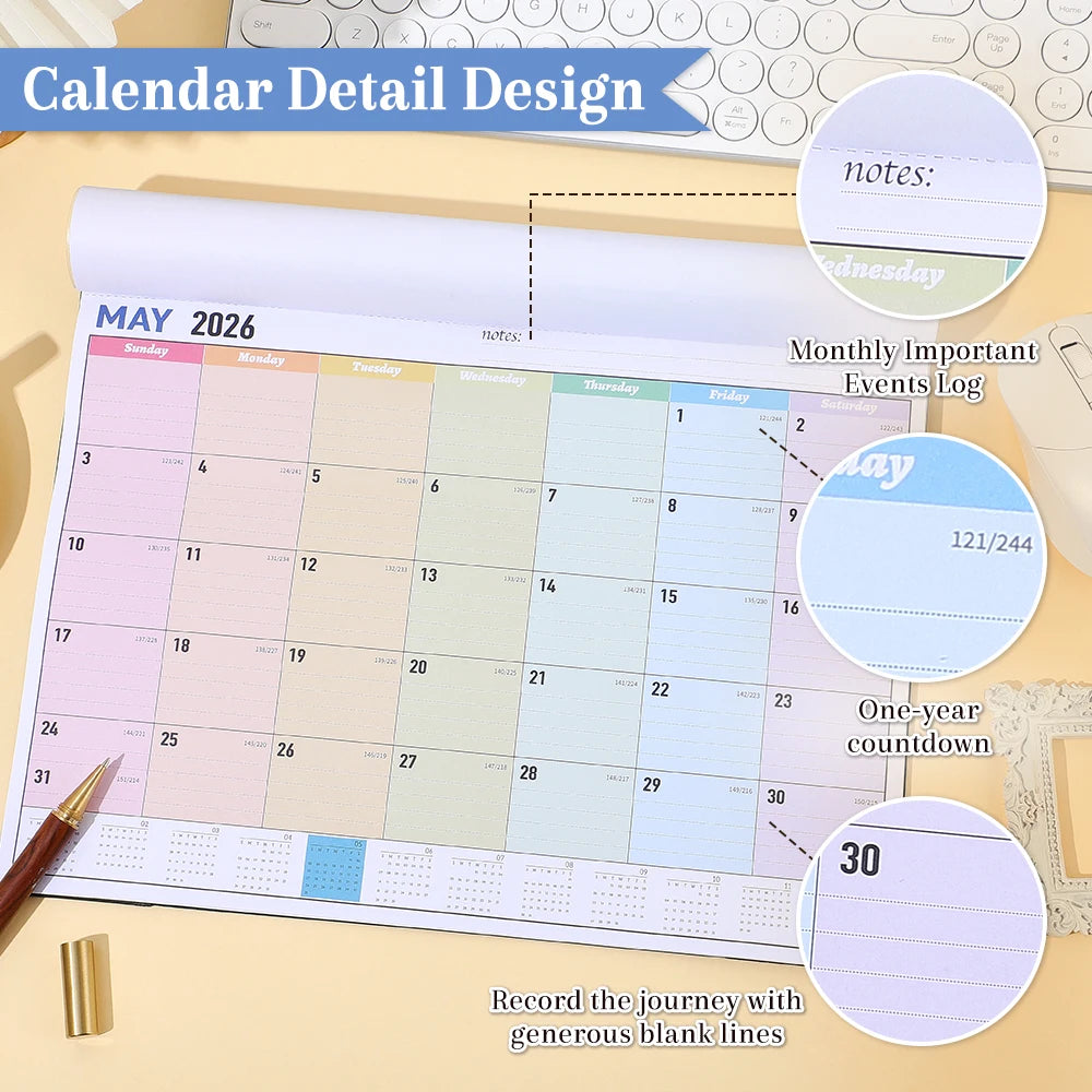 2026 Monthly Wall Calendar Rainbow Design Transparent Cover Large Format Planner (Jan-Dec 2026) For Students Home Organization