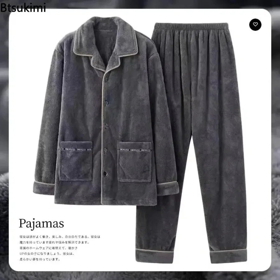 Autumn Winter Men's Thicken Flannel Sleepwear Two Pieces Comfortable Warm Coral Fleece Pajamas Sets Male Winter Lounge Home Suit