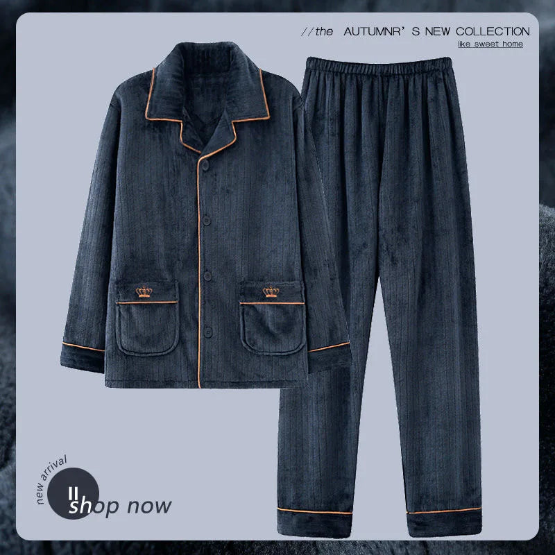 Autumn Winter Men's Thicken Flannel Sleepwear Two Pieces Comfortable Warm Coral Fleece Pajamas Sets Male Winter Lounge Home Suit
