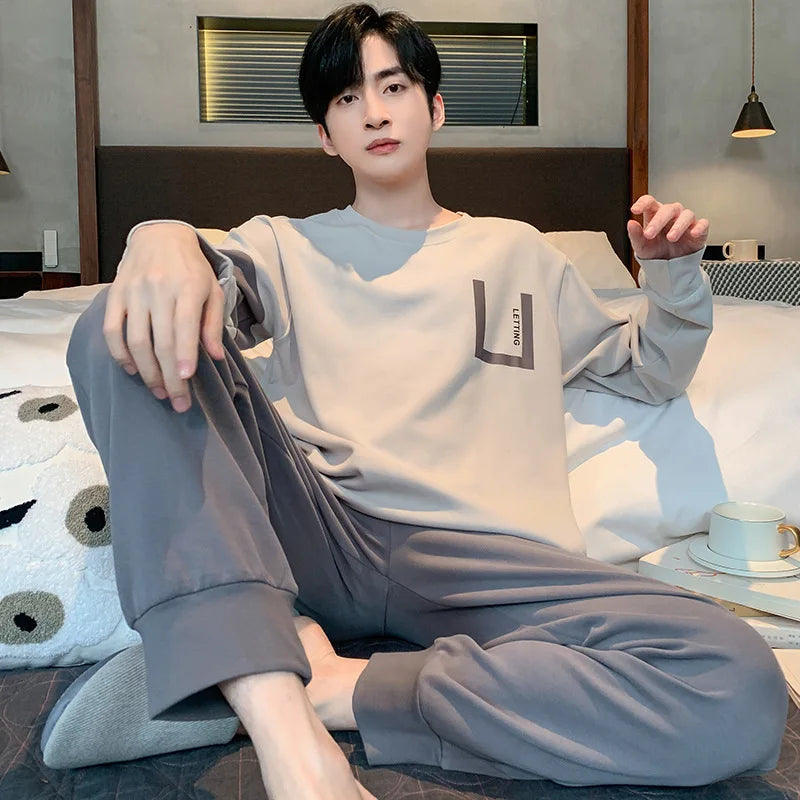 Fall and Winter Plus Size Men's Pajamas Set Cartoon Letter Pullover Long Sleeve Loose Black Plaid Striped Nightwear Homewear