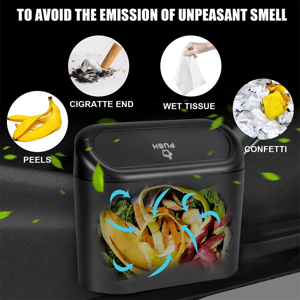 Hanging Car Trash Bin -Space-Saving Vehicle Garbage Can with Press-Open Lid - Durable Plastic Storage Box for Auto Organization
