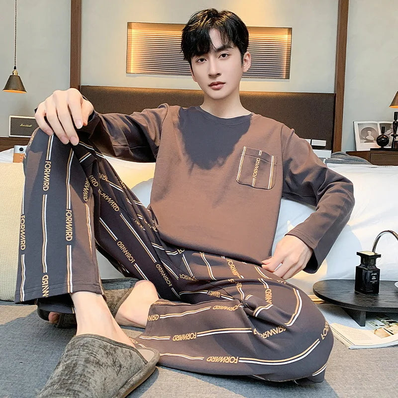 Fall and Winter Plus Size Men's Pajamas Set Cartoon Letter Pullover Long Sleeve Loose Black Plaid Striped Nightwear Homewear