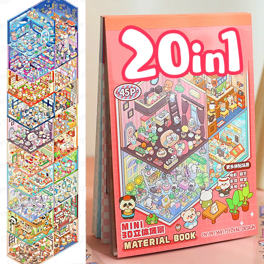 20Pcs 20in1 Cartoon Landscape Sticker Book DIY 3D Pocket Cabin Scene Stickers Gift for Kid Child