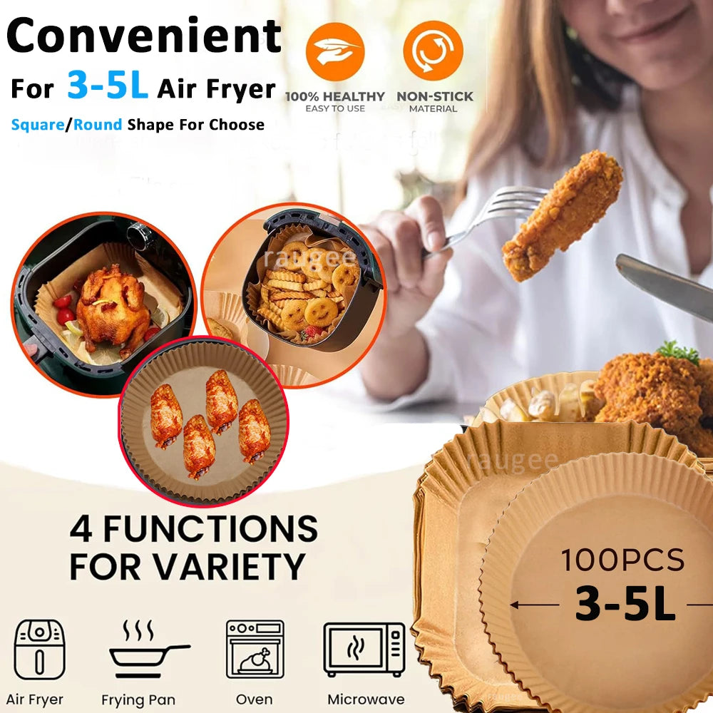 Air Fryer Paper 100pcs Disposable Air Frying Baking Paper Round Square Air Fryer Liners Baking Paper Air Fryer Accessories 50pcs