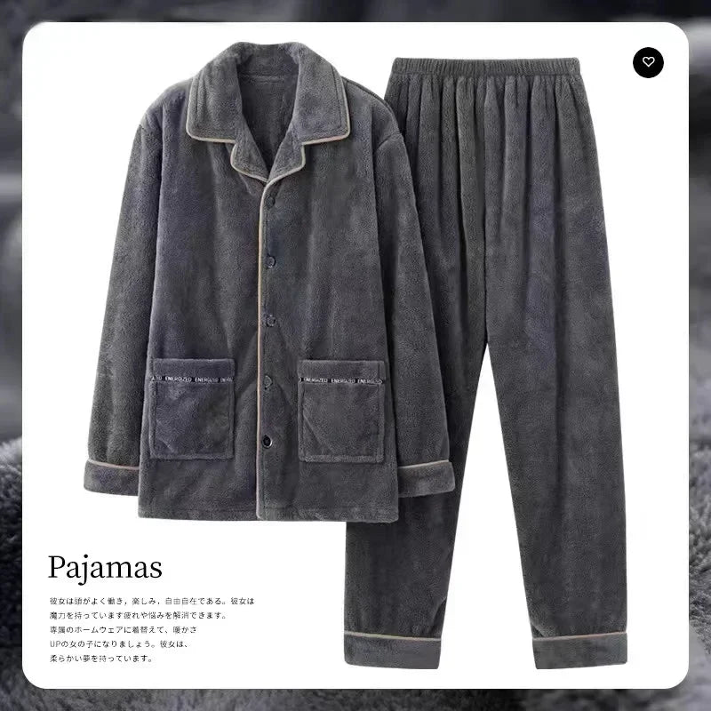 Autumn Winter Men's Thicken Flannel Sleepwear Two Pieces Comfortable Warm Coral Fleece Pajamas Sets Male Winter Lounge Home Suit