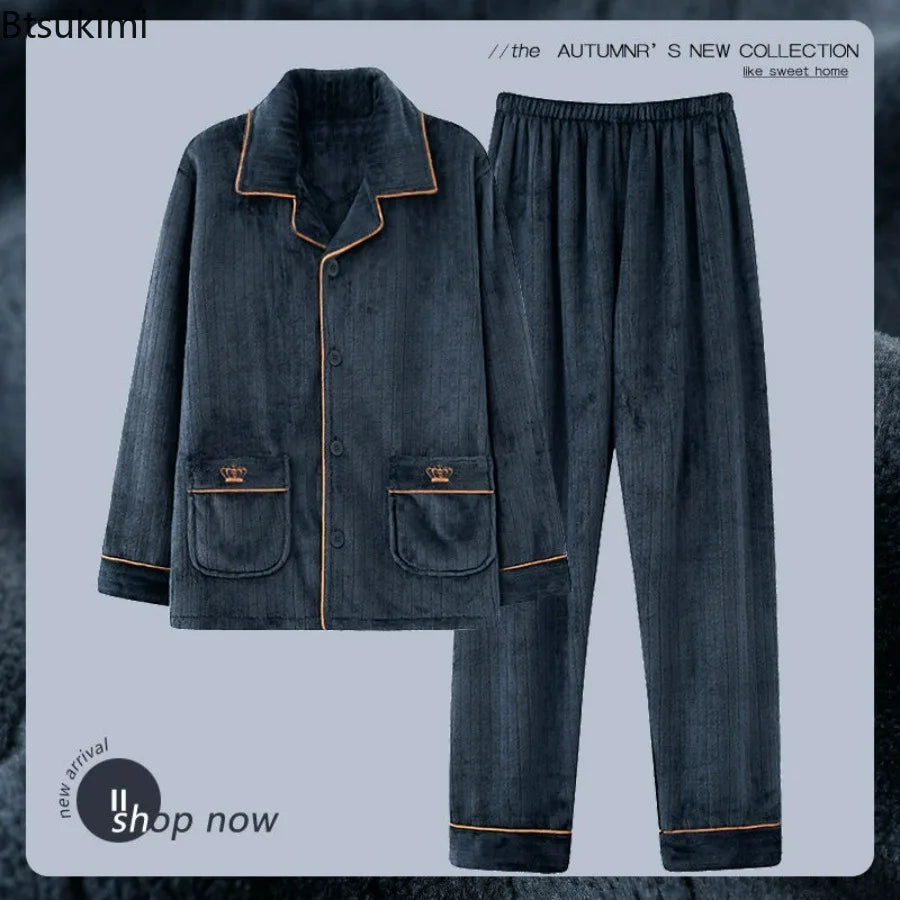 Autumn Winter Men's Thicken Flannel Sleepwear Two Pieces Comfortable Warm Coral Fleece Pajamas Sets Male Winter Lounge Home Suit