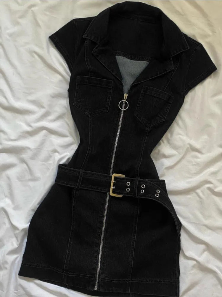 American Retro Black Denim Short Dress Women Summer Zipper Elegant Slim One Piece Dress Korean Fashion Design Casual Clothing