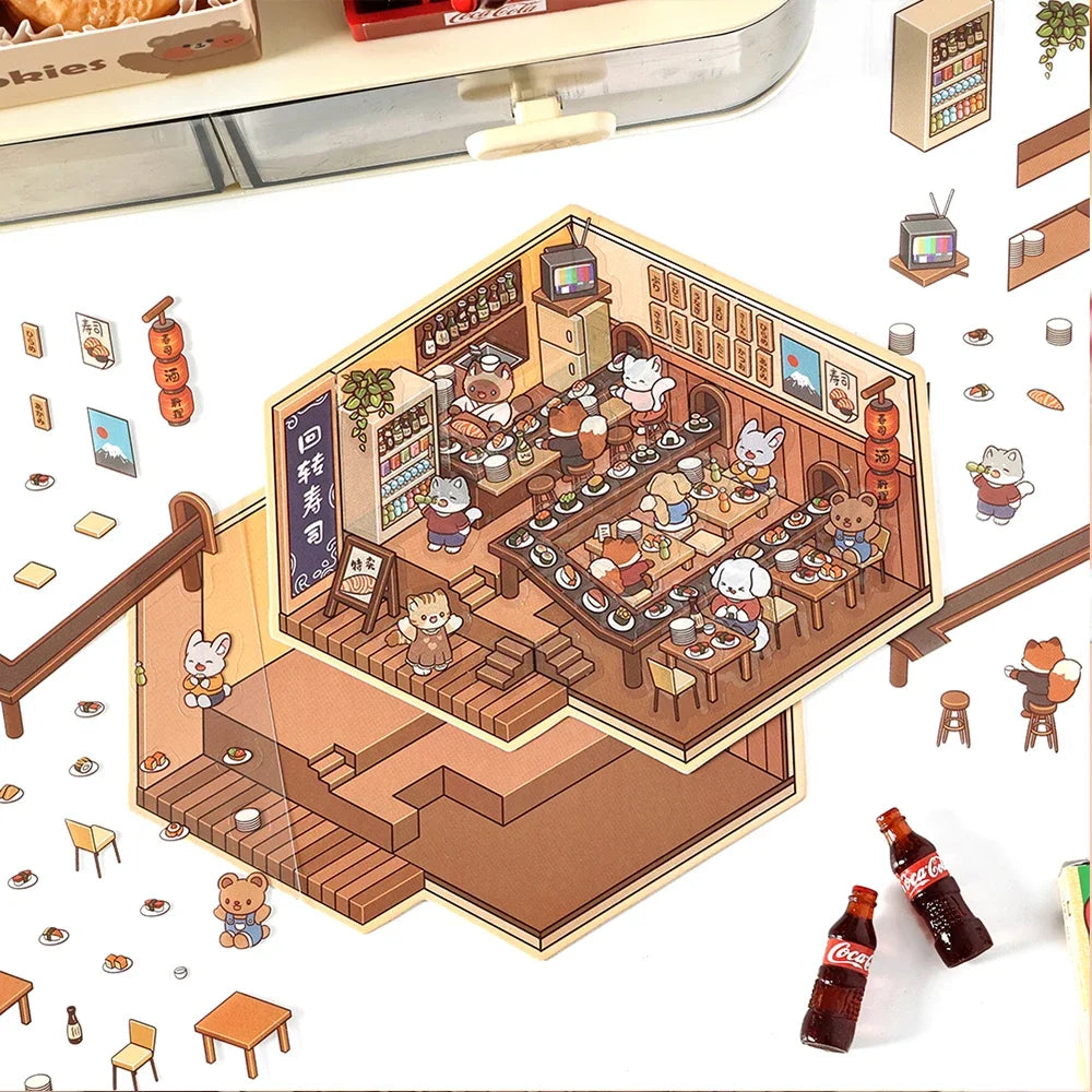 Cartoon Forest Village DIY 3D Sticker Pocket Cabin Scene Stacking and Pasting Festival Birthday Gift for Kid Child Student