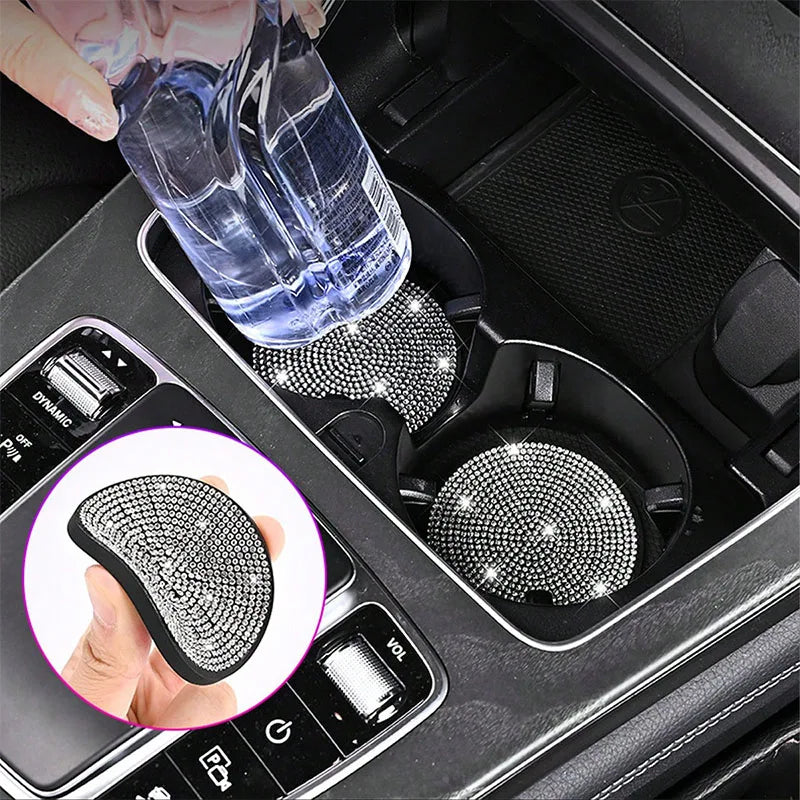 Car coaster with crystal - anti slip, heat-resistant, elegant diamond like design, light luxury shining, beautiful car interior