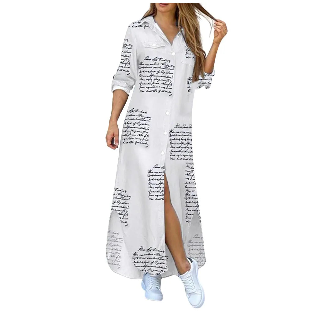 New Autumn Long Dress Long Sleeve Shirt Dress Women Denim Long Dresses Pocket Button Shirt Print Dress Casual Loose Dresses 2023