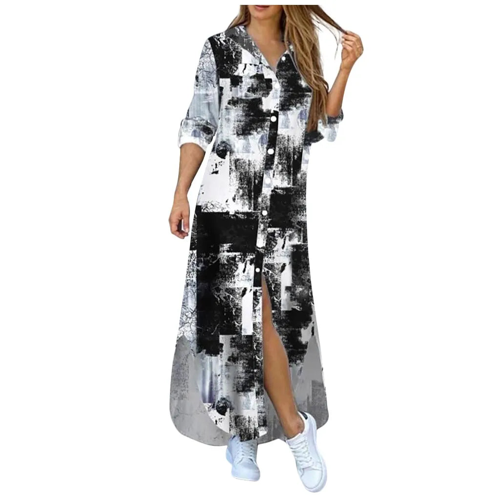 New Autumn Long Dress Long Sleeve Shirt Dress Women Denim Long Dresses Pocket Button Shirt Print Dress Casual Loose Dresses 2023