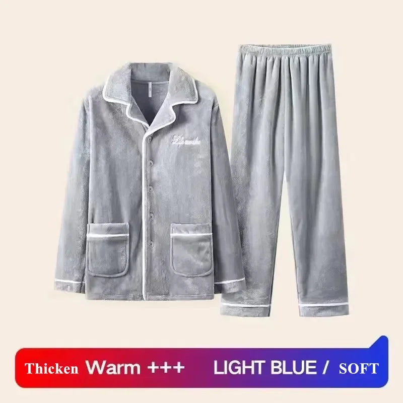 Autumn Winter Men's Thicken Flannel Sleepwear Two Pieces Comfortable Warm Coral Fleece Pajamas Sets Male Winter Lounge Home Suit