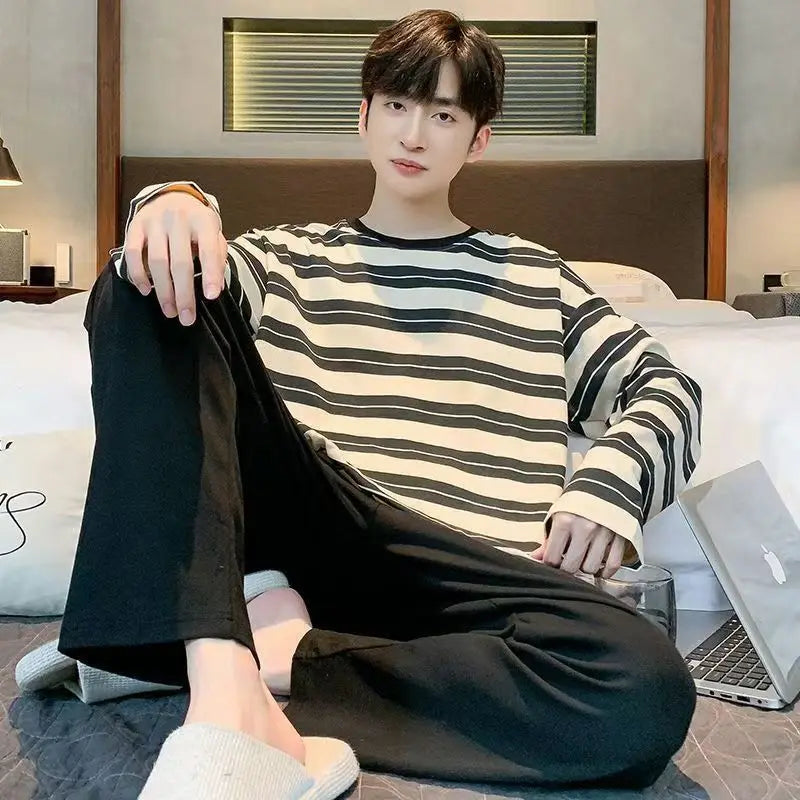 Fall and Winter Plus Size Men's Pajamas Set Cartoon Letter Pullover Long Sleeve Loose Black Plaid Striped Nightwear Homewear