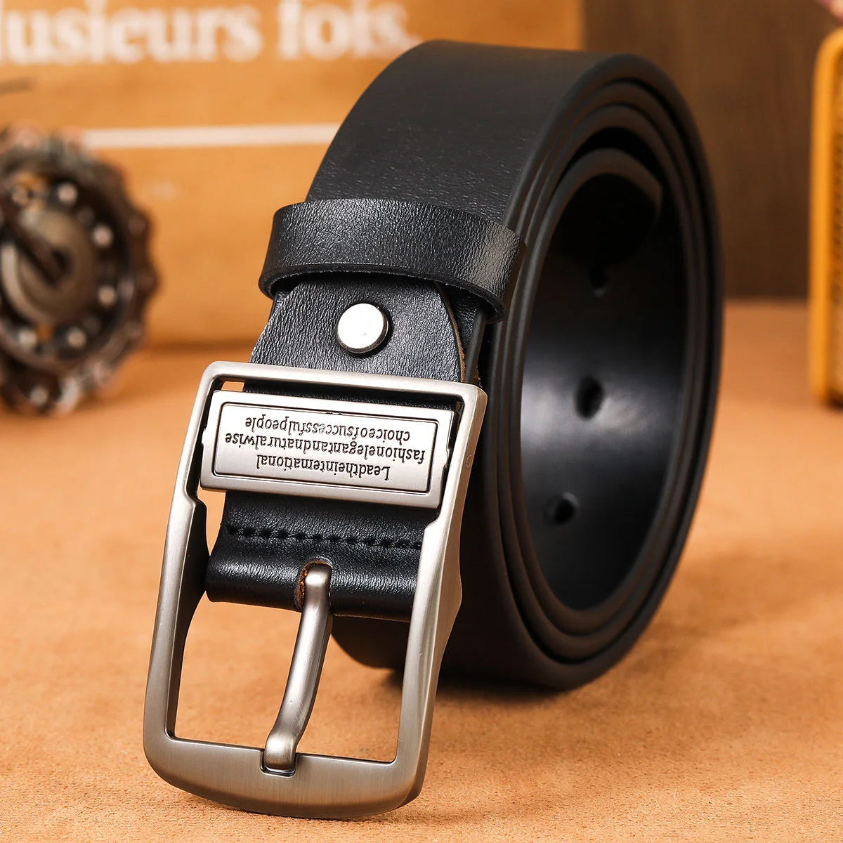 Men's leather belt, black buckle, new style, fashionable, trendy, light luxury, casual, versatile, suitable for jeans, pin buckl