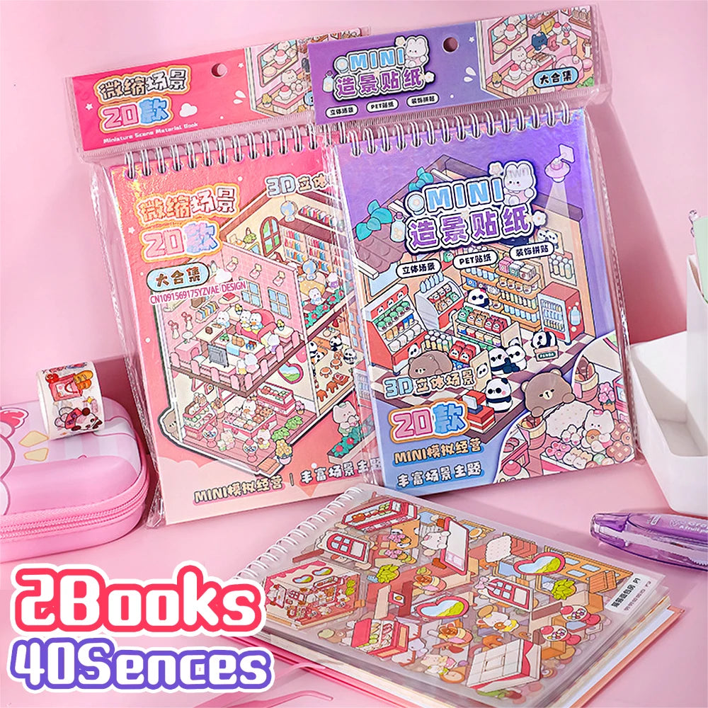 40Sences in 2Books Cartoon Landscape DIY Toy Game Sticker Album Book Festival Birthday Present Gift for Kid Girl Child