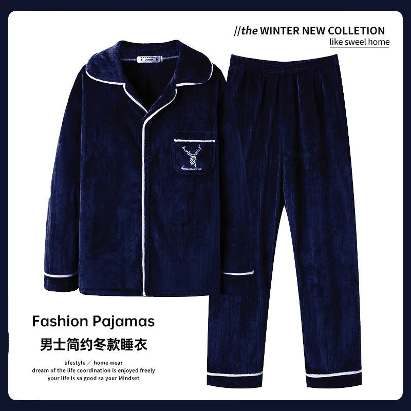 Autumn Winter Men's Thicken Flannel Sleepwear Two Pieces Comfortable Warm Coral Fleece Pajamas Sets Male Winter Lounge Home Suit