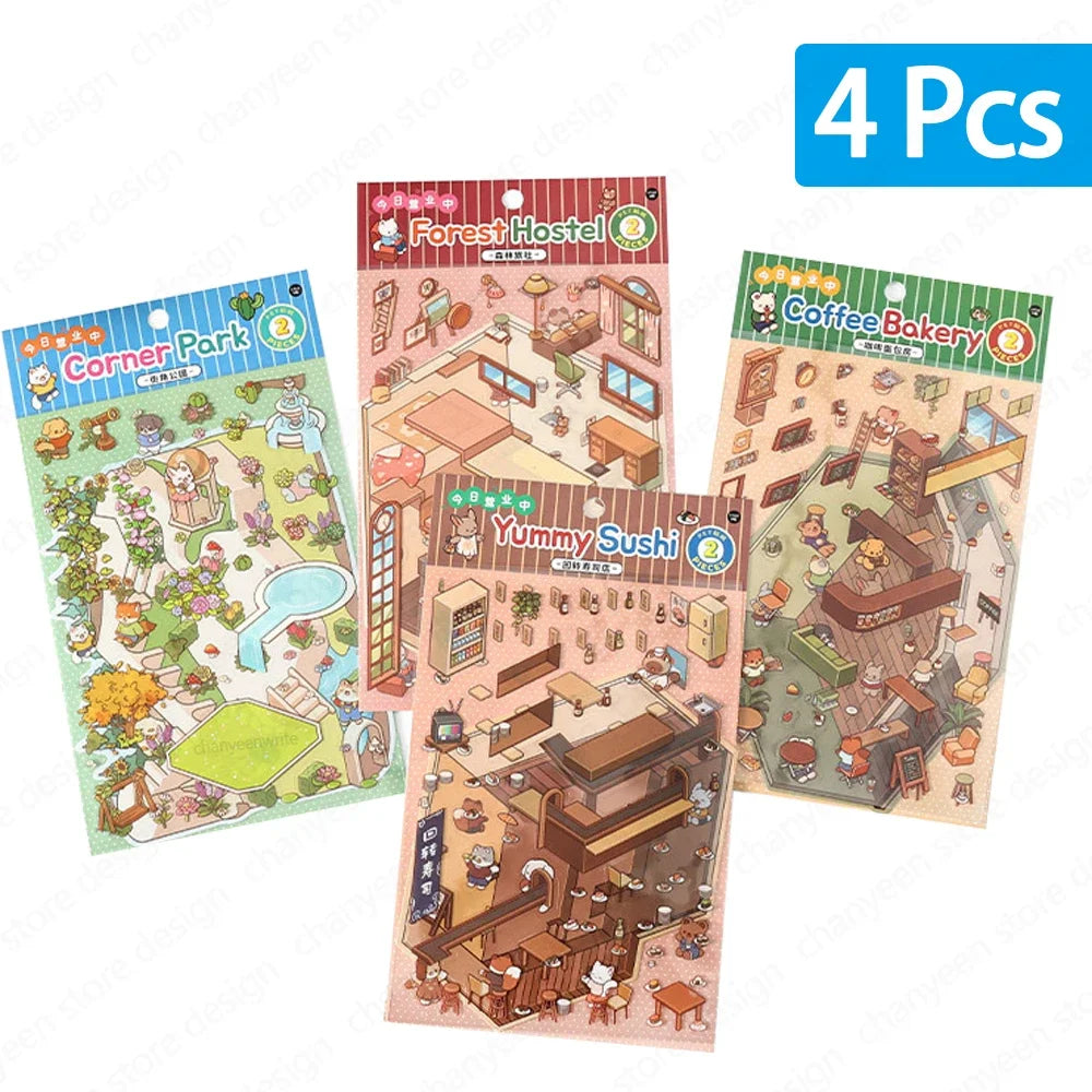 Cartoon Forest Village DIY 3D Sticker Pocket Cabin Scene Stacking and Pasting Festival Birthday Gift for Kid Child Student