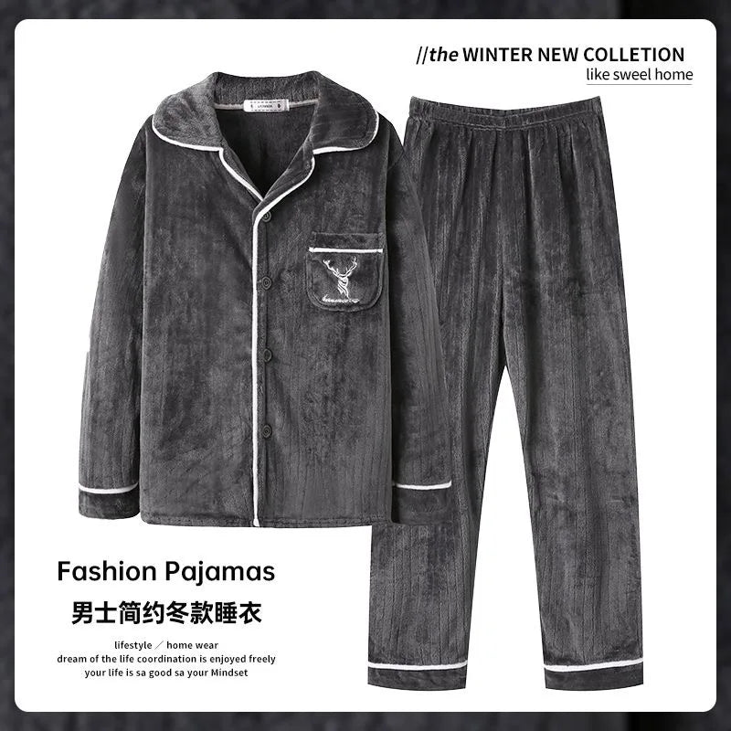Autumn Winter Men's Thicken Flannel Sleepwear Two Pieces Comfortable Warm Coral Fleece Pajamas Sets Male Winter Lounge Home Suit