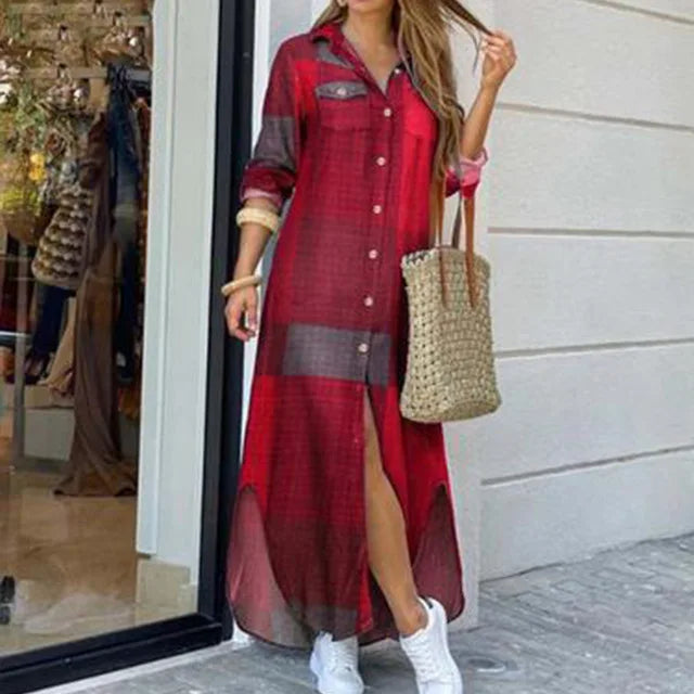 New Autumn Long Dress Long Sleeve Shirt Dress Women Denim Long Dresses Pocket Button Shirt Print Dress Casual Loose Dresses 2023