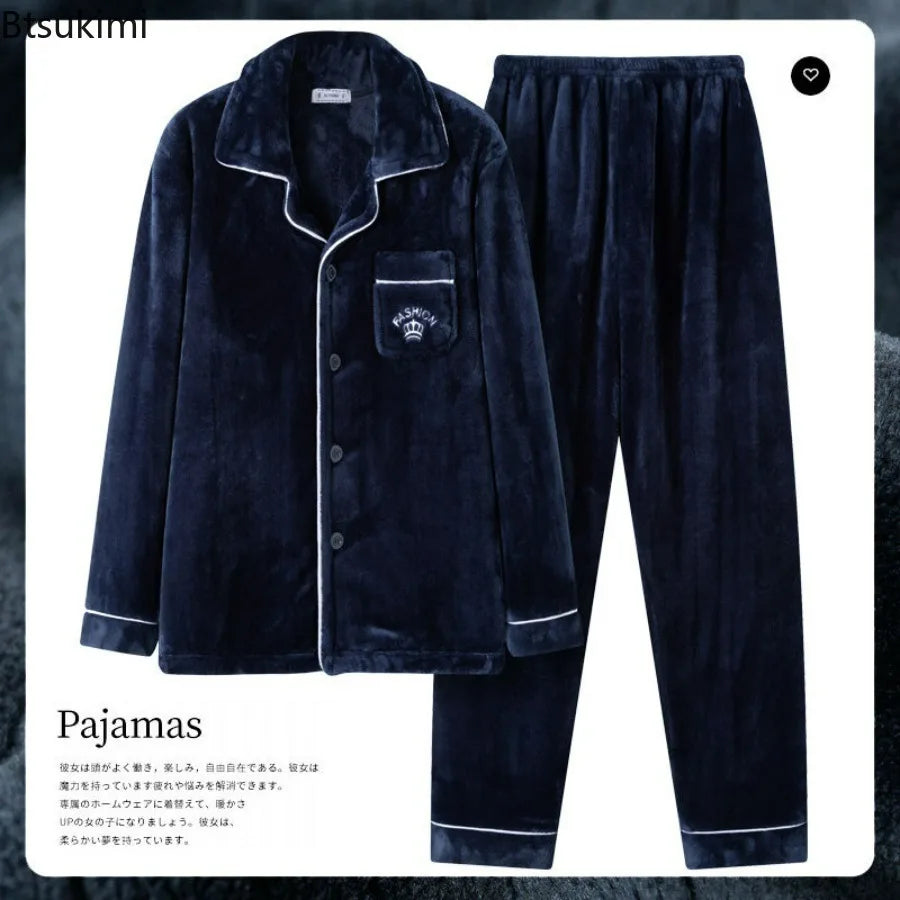 Autumn Winter Men's Thicken Flannel Sleepwear Two Pieces Comfortable Warm Coral Fleece Pajamas Sets Male Winter Lounge Home Suit