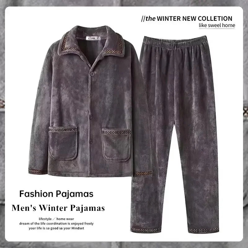 Autumn Winter Men's Thicken Flannel Sleepwear Two Pieces Comfortable Warm Coral Fleece Pajamas Sets Male Winter Lounge Home Suit