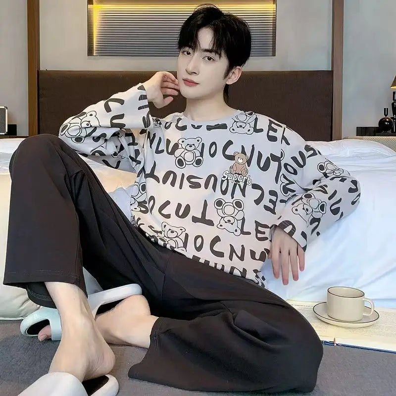 Fall and Winter Plus Size Men's Pajamas Set Cartoon Letter Pullover Long Sleeve Loose Black Plaid Striped Nightwear Homewear