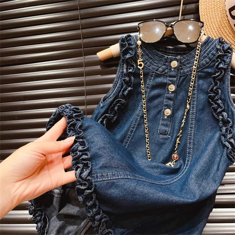 Bear Leader Summer 2024 New Girl Fungus Edge Solid Color Three-Button Classic Denim Sleeveless Vest Dress