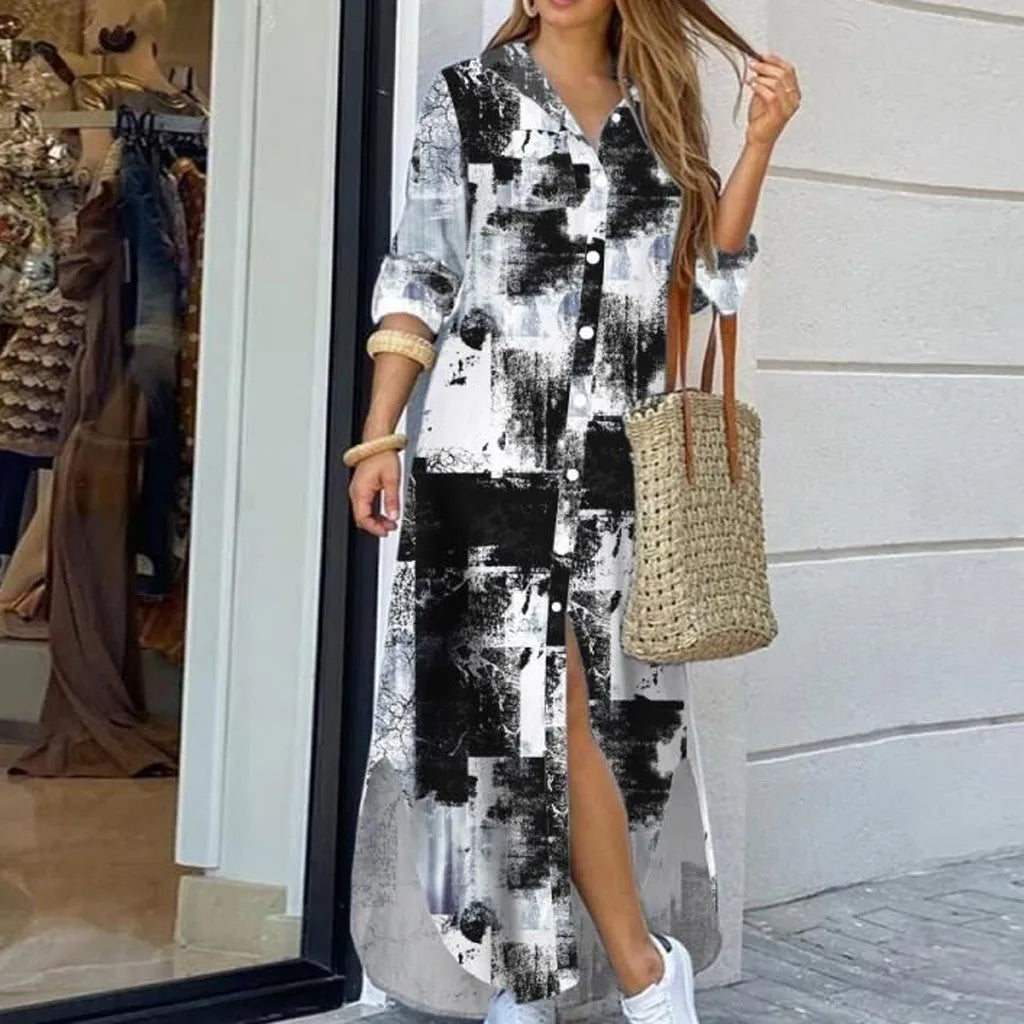 New Autumn Long Dress Long Sleeve Shirt Dress Women Denim Long Dresses Pocket Button Shirt Print Dress Casual Loose Dresses 2023