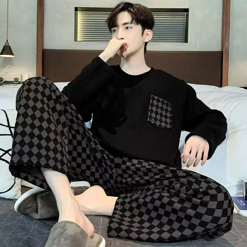 Fall and Winter Plus Size Men's Pajamas Set Cartoon Letter Pullover Long Sleeve Loose Black Plaid Striped Nightwear Homewear