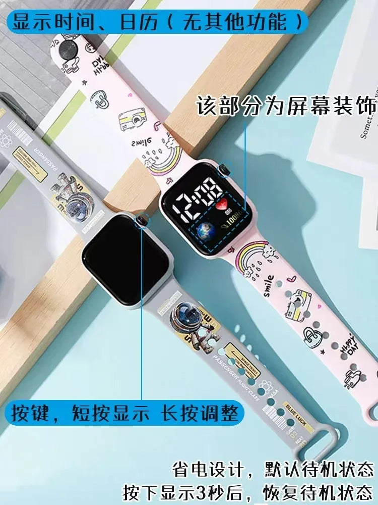 New  cartoon color printed student LED electronic watch fashionable printed square Y1 button electronic watch
