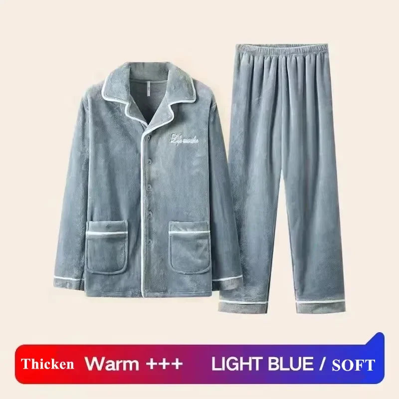 Autumn Winter Men's Thicken Flannel Sleepwear Two Pieces Comfortable Warm Coral Fleece Pajamas Sets Male Winter Lounge Home Suit