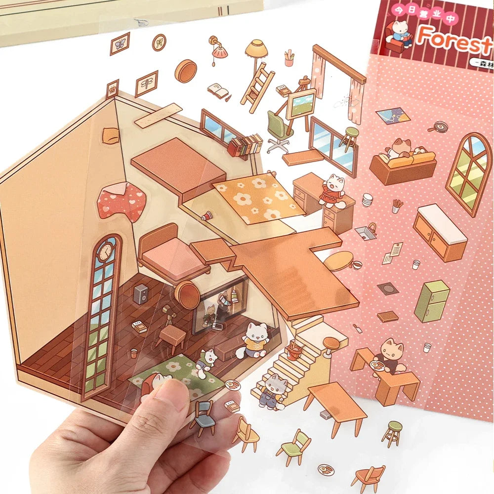 Cartoon Forest Village DIY 3D Sticker Pocket Cabin Scene Stacking and Pasting Festival Birthday Gift for Kid Child Student